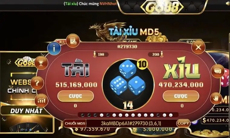 Giao diện bàn cược Tài Xỉu Go88 online với các cửa cược Tài, Xỉu, Chẵn, Lẻ.